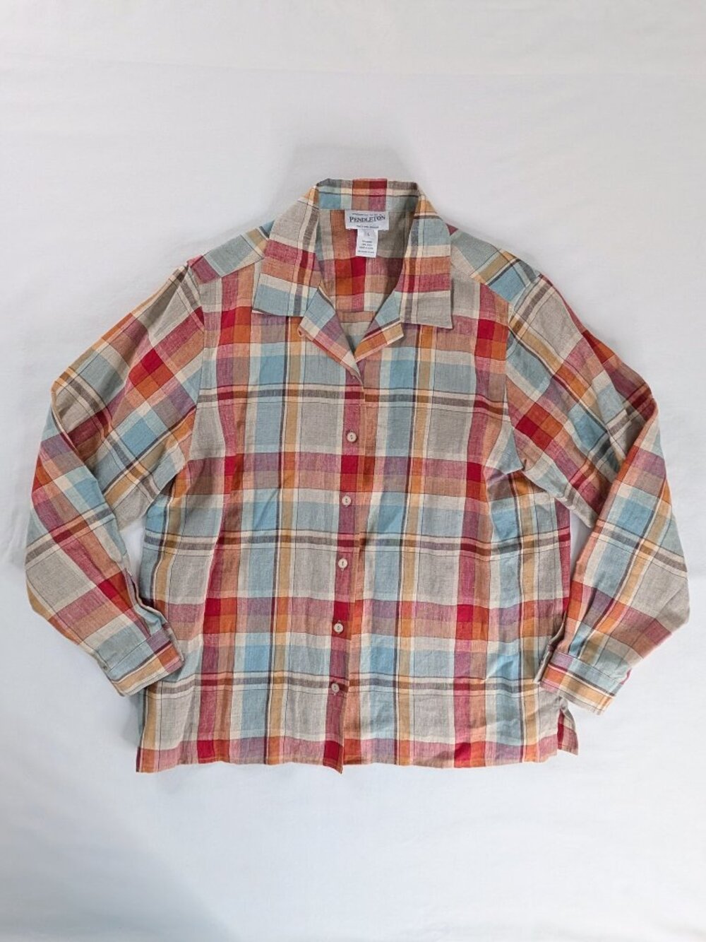 Pendleton Red Orange Plaid Linen Button Up Collared Long Sleeve Shirt